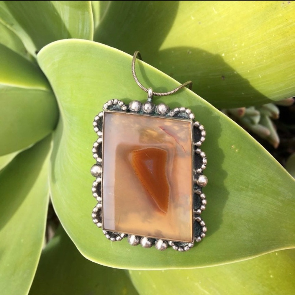 Large Vintage Agate Sterling Silver 925 Pendant Necklace Natural Stone